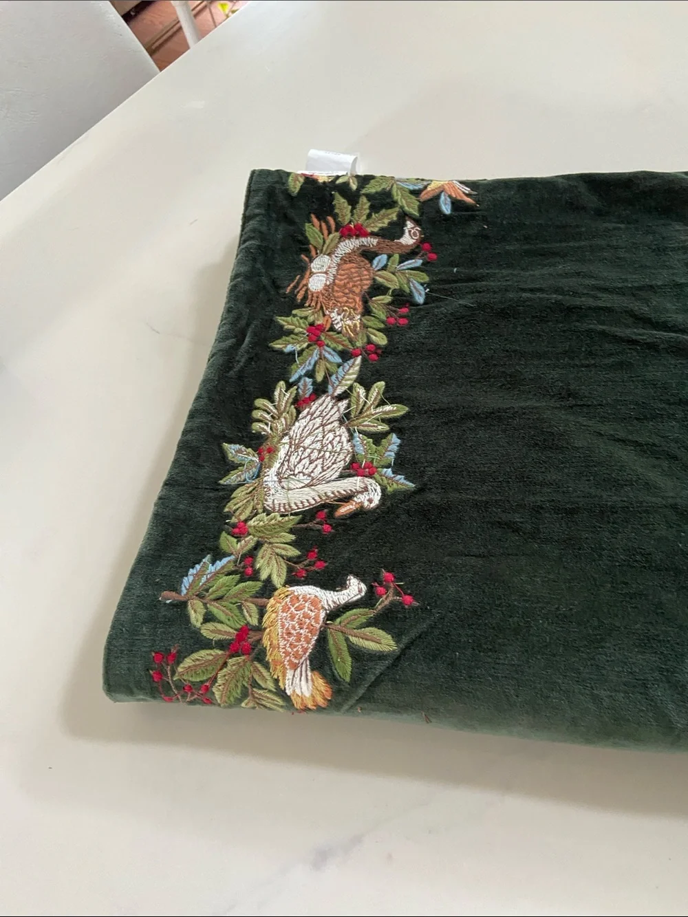 Embroidered Velvet Table Runner in Deep Forest Green.. pottery barn runner